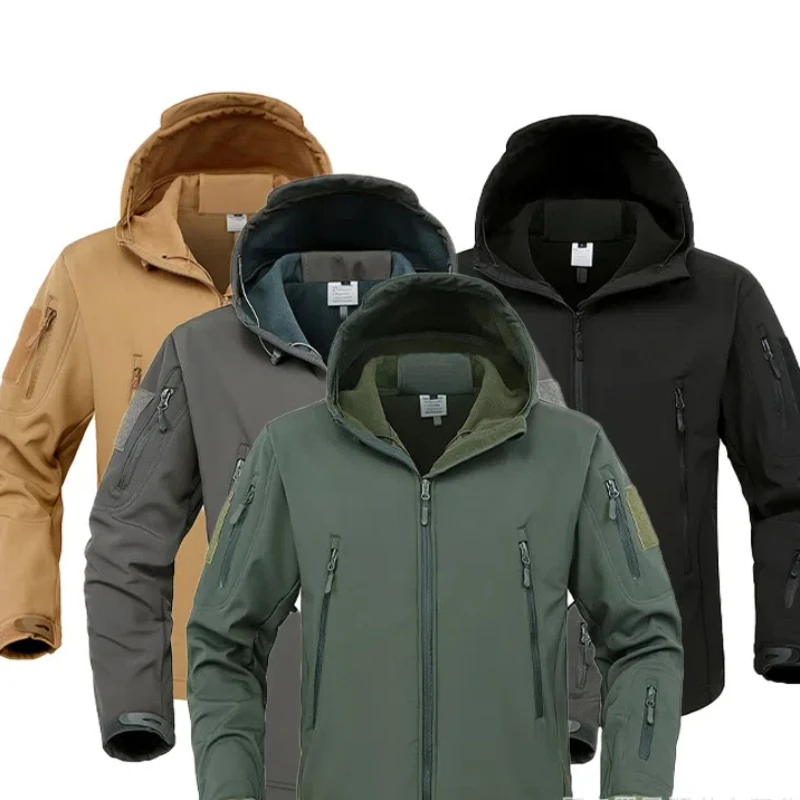 Men's Outdoor Hoodie Jacket Men's Winter Fleece Jacket Waterproof Soft Shell Hunting Mountaineering Hiking Tactical Jacket