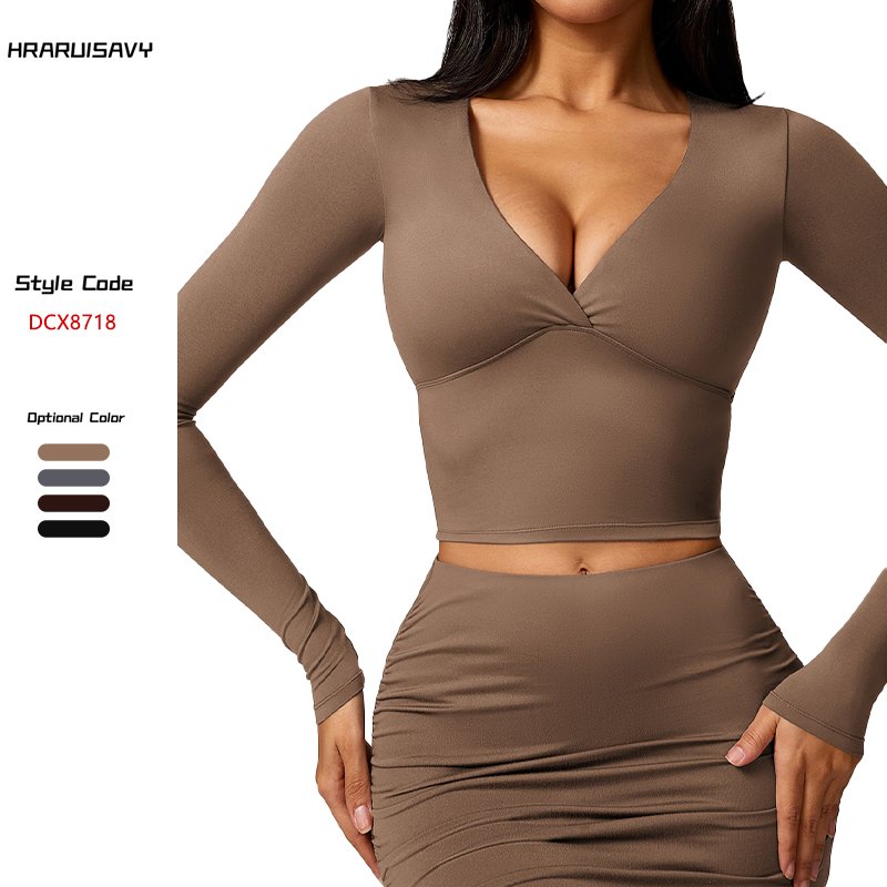 2024 New Design Twist Front Sexy Yoga Long Sleeves Fitness Sports Top With Chest Pad Quick Dry Running Crop Top Yoga T Shirt