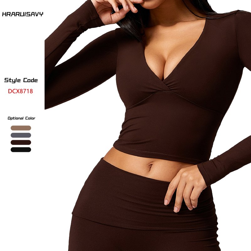 2024 New Design Twist Front Sexy Yoga Long Sleeves Fitness Sports Top With Chest Pad Quick Dry Running Crop Top Yoga T Shirt