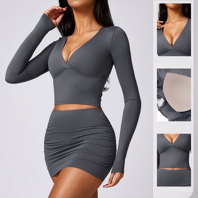 2024 New Design Twist Front Sexy Yoga Long Sleeves Fitness Sports Top With Chest Pad Quick Dry Running Crop Top Yoga T Shirt