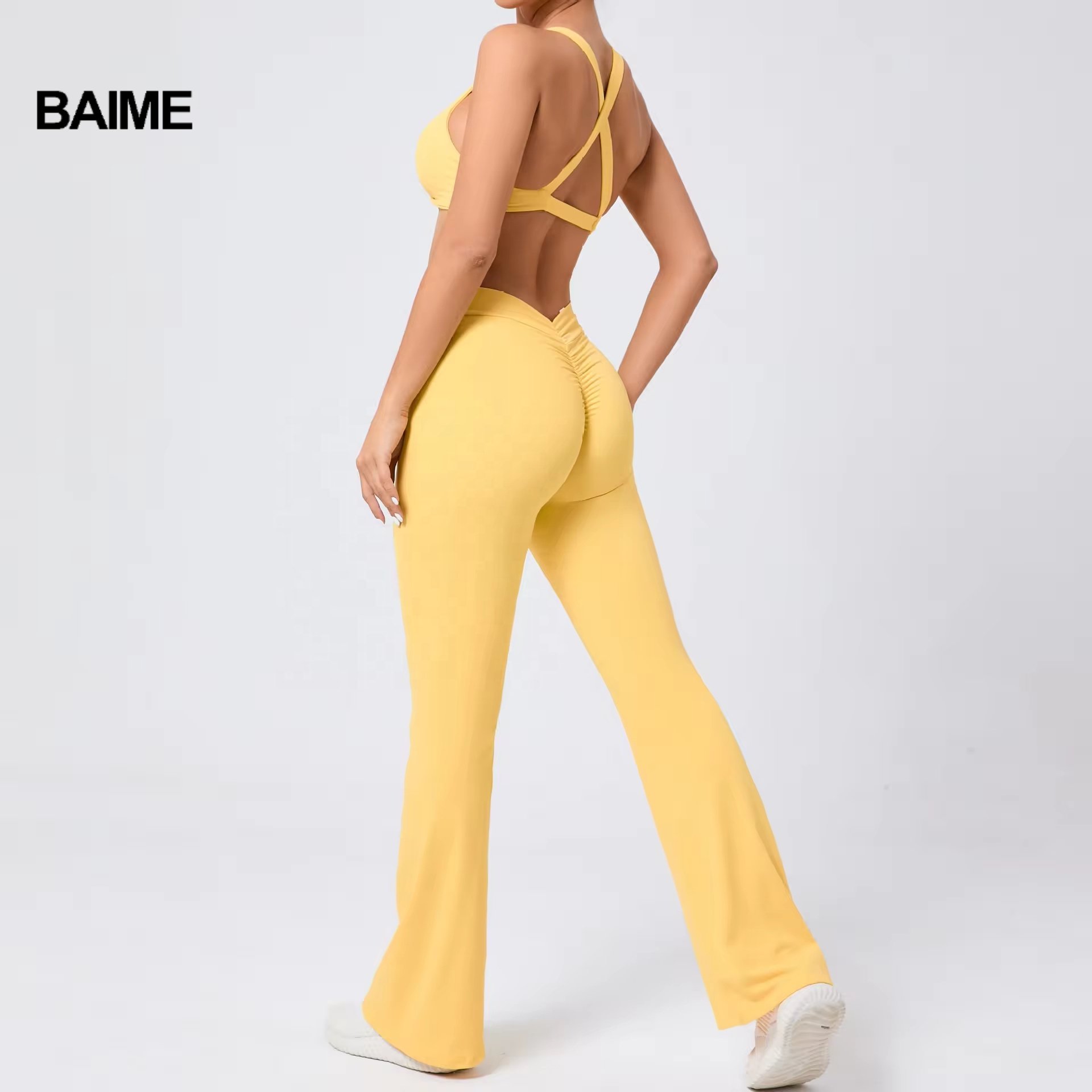 BAIME New Compression Custom Yoga Backless Bra V Waist Scrunch Yoga Pants Gym Fitness Activewear Tummy Control Yoga Sets