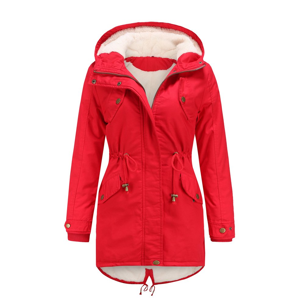 Women's Fall/Winter Outdoor Parka Solid Color Hooded Jacket Plus Size Cotton-Padded Coat with Thick Velvet Material