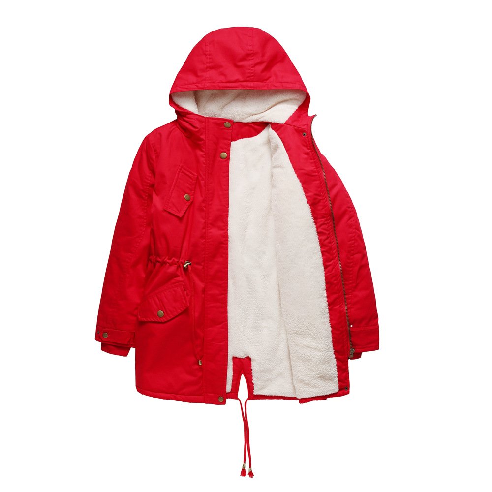 Women's Fall/Winter Outdoor Parka Solid Color Hooded Jacket Plus Size Cotton-Padded Coat with Thick Velvet Material