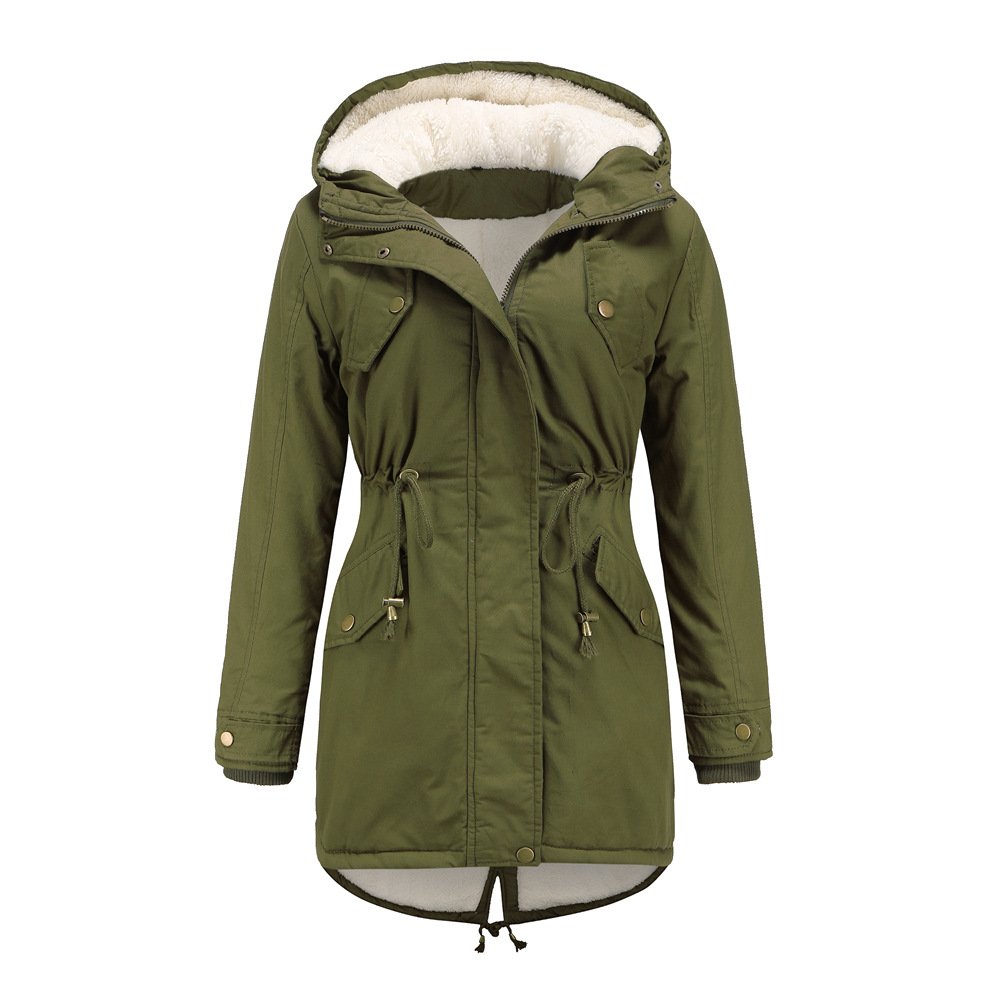 Women's Fall/Winter Outdoor Parka Solid Color Hooded Jacket Plus Size Cotton-Padded Coat with Thick Velvet Material