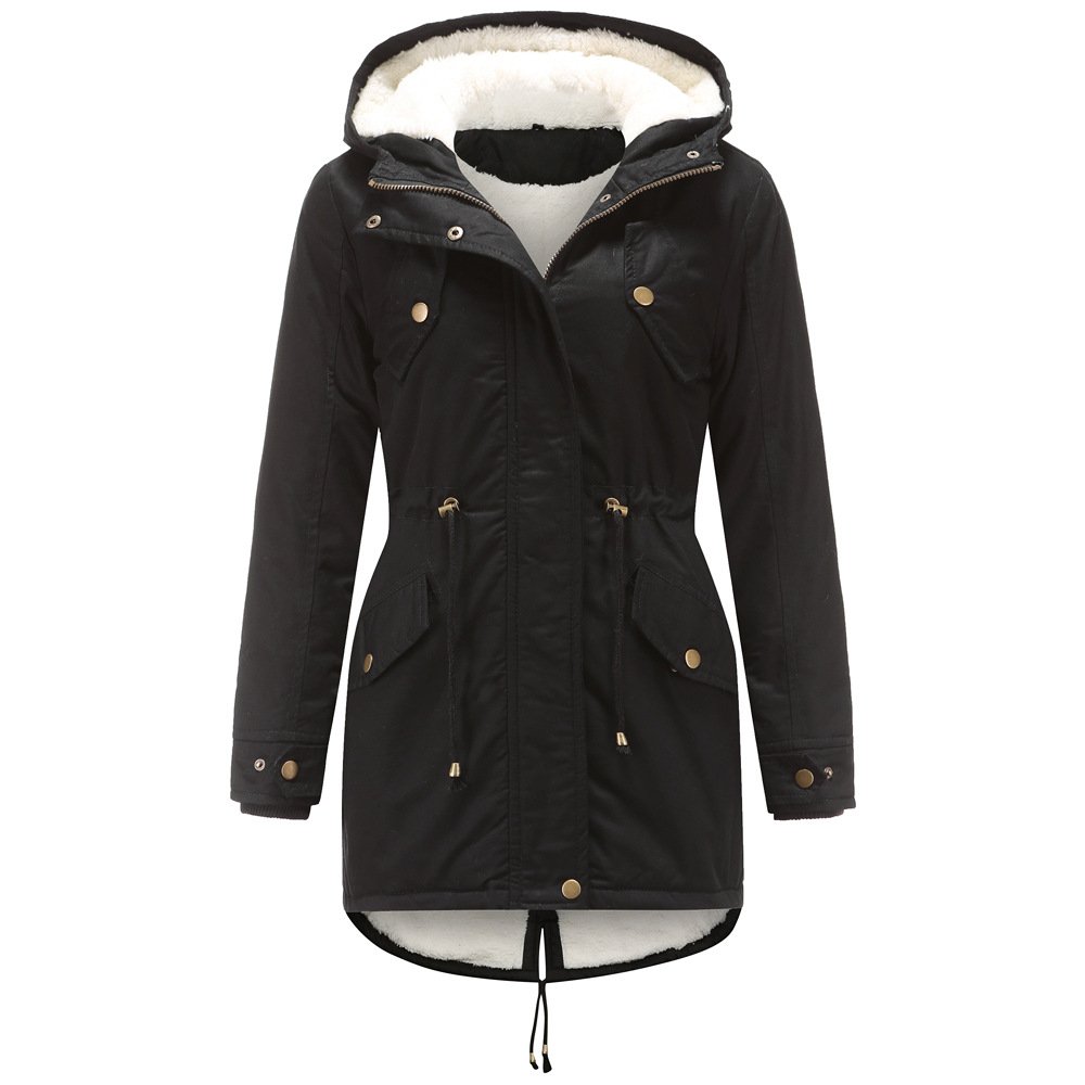 Women's Fall/Winter Outdoor Parka Solid Color Hooded Jacket Plus Size Cotton-Padded Coat with Thick Velvet Material
