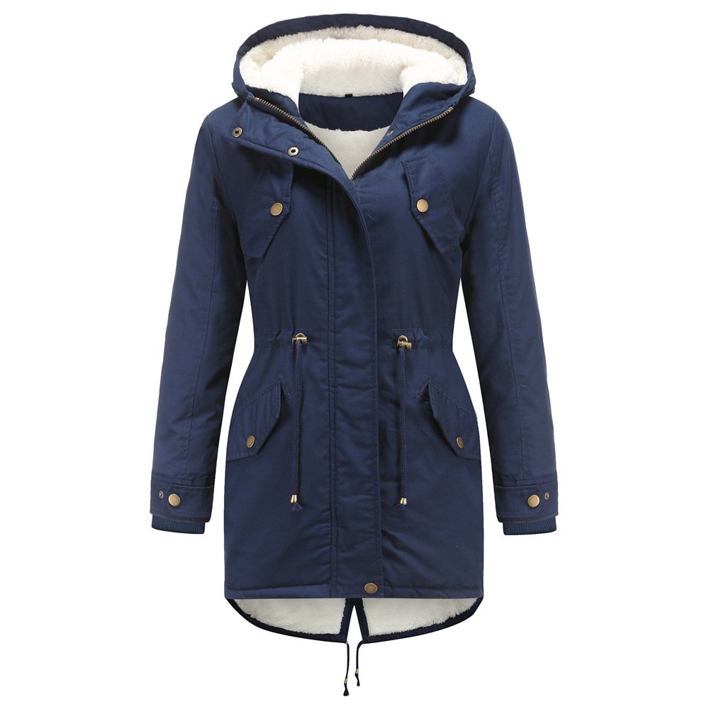 Women's Fall/Winter Outdoor Parka Solid Color Hooded Jacket Plus Size Cotton-Padded Coat with Thick Velvet Material