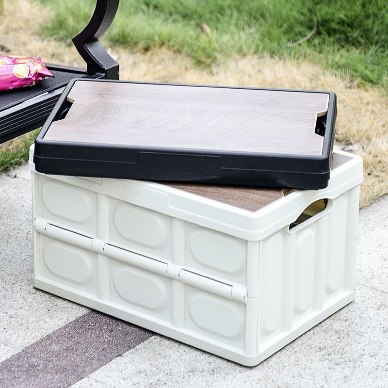 Plastic Folding Multi-function Outdoor Camping Storage Box with Wood Lid Foldable Collapsible Clothes Container Car Organizer