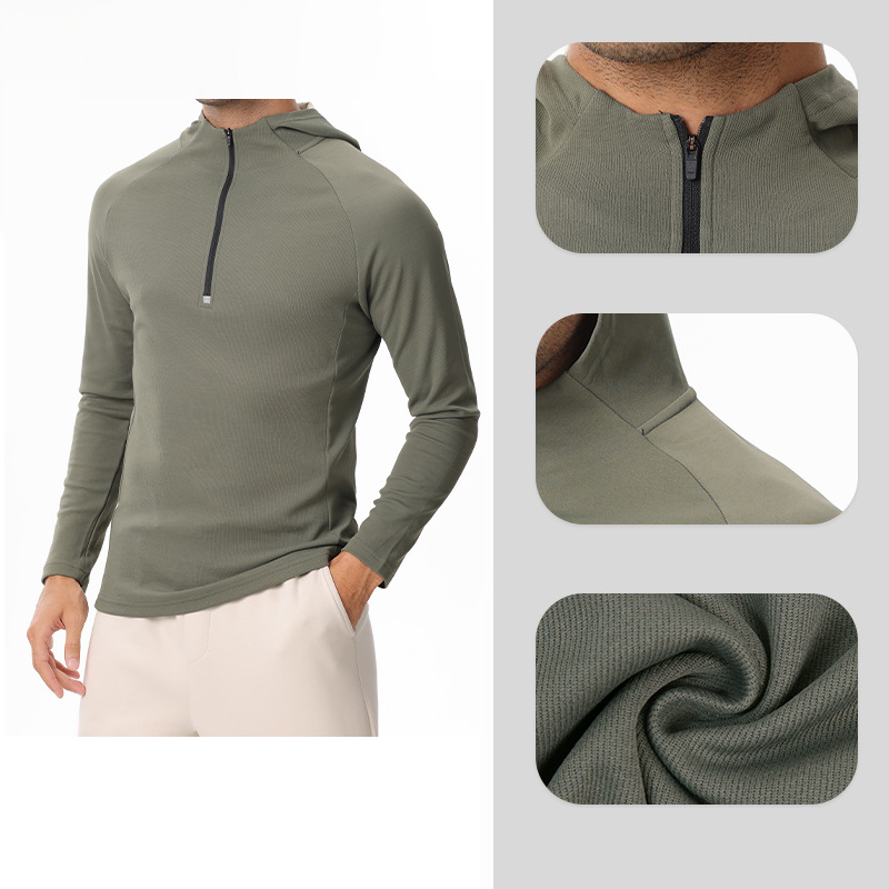 Men's Autumn Half Zip Long Sleeve Hooded Pullover New Outdoor Sports Running Knitted T-shirt for Hiking