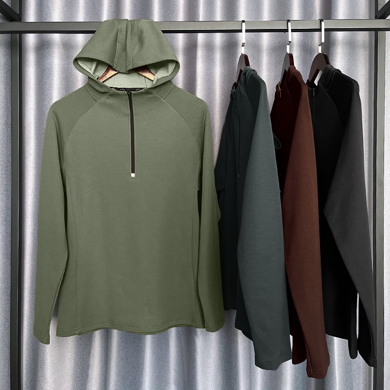 Men's Autumn Half Zip Long Sleeve Hooded Pullover New Outdoor Sports Running Knitted T-shirt for Hiking