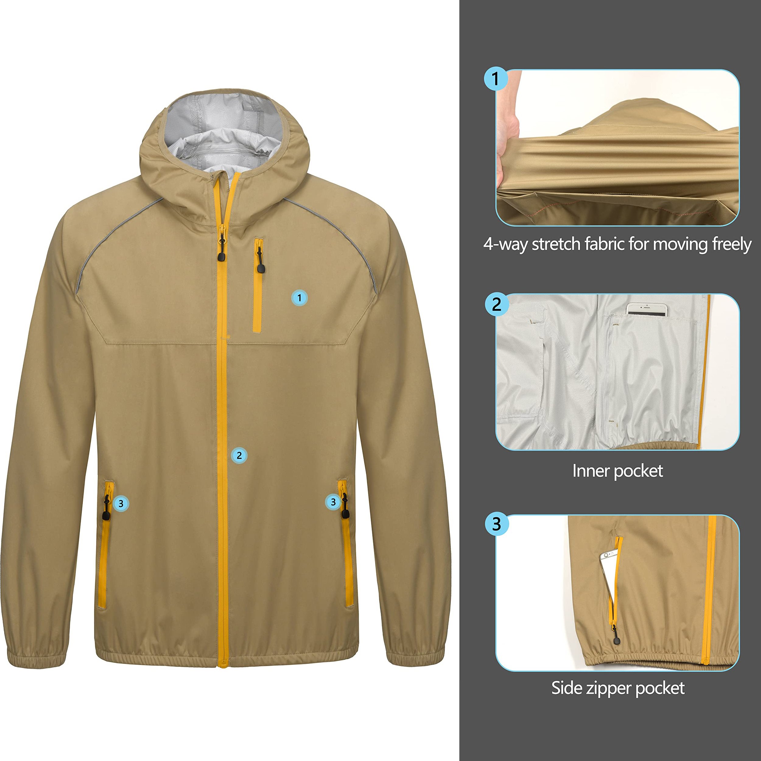 Custom XL Stretch Packable Outdoor Jacket with Zipper Closure Reversible Waterproof Windproof Hood for Hiking Bicycle Riding