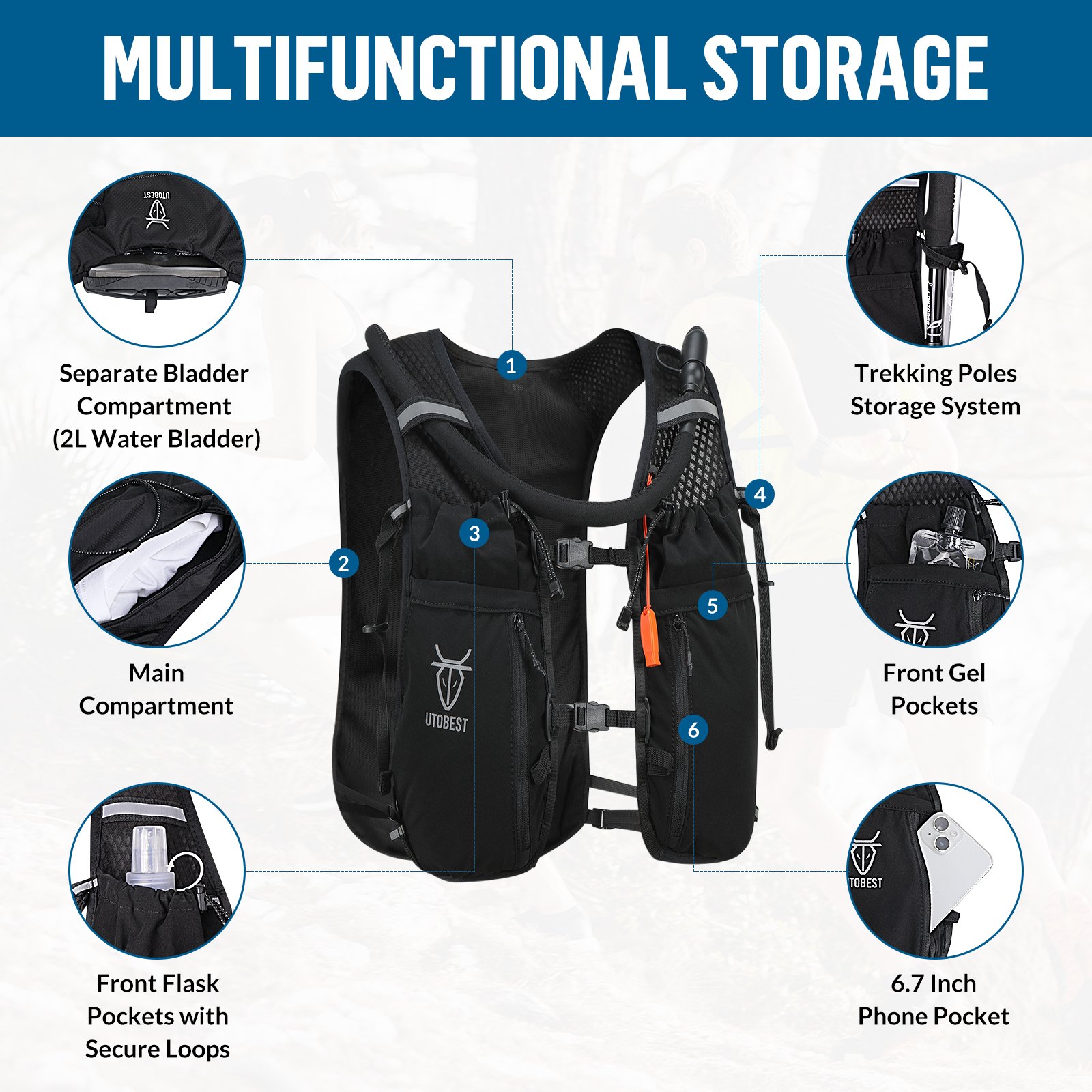 UTOBEST Custom 10L Running Vest Hiking Sports Backpack Multi-pockets Hydration Pack For Outdoor