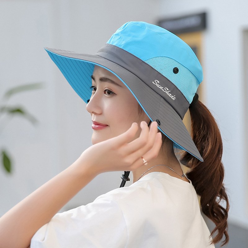 Ladies Summer Outdoor Hiking Wide Brim Bucket Hats Women Sun Protection Casual Breathable Hat with Ponytail Hole