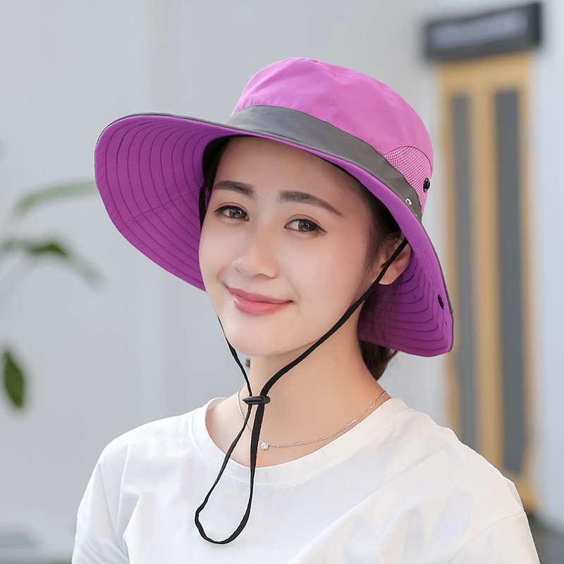 Ladies Summer Outdoor Hiking Wide Brim Bucket Hats Women Sun Protection Casual Breathable Hat with Ponytail Hole