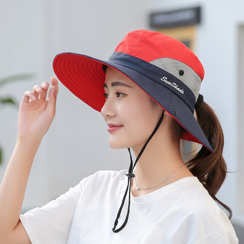 Ladies Summer Outdoor Hiking Wide Brim Bucket Hats Women Sun Protection Casual Breathable Hat with Ponytail Hole