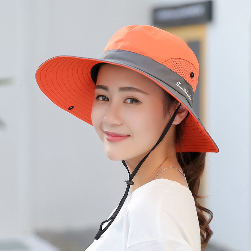 Ladies Summer Outdoor Hiking Wide Brim Bucket Hats Women Sun Protection Casual Breathable Hat with Ponytail Hole