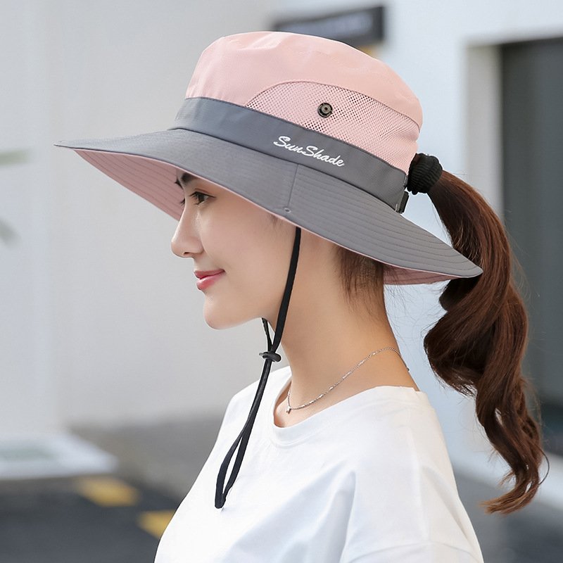 Ladies Summer Outdoor Hiking Wide Brim Bucket Hats Women Sun Protection Casual Breathable Hat with Ponytail Hole