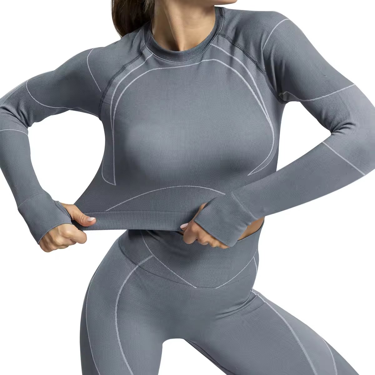 Women Seamless Sexy Yoga Sets Cut Out Back Long Sleeve Top High Waist Leggings Gym Training Fitness Suits Girls Contrast Suits