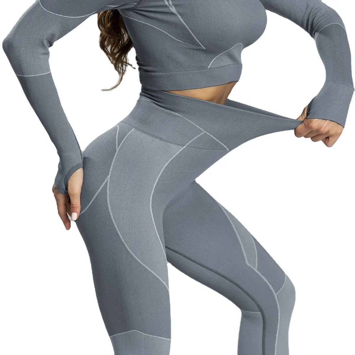 Women Seamless Sexy Yoga Sets Cut Out Back Long Sleeve Top High Waist Leggings Gym Training Fitness Suits Girls Contrast Suits