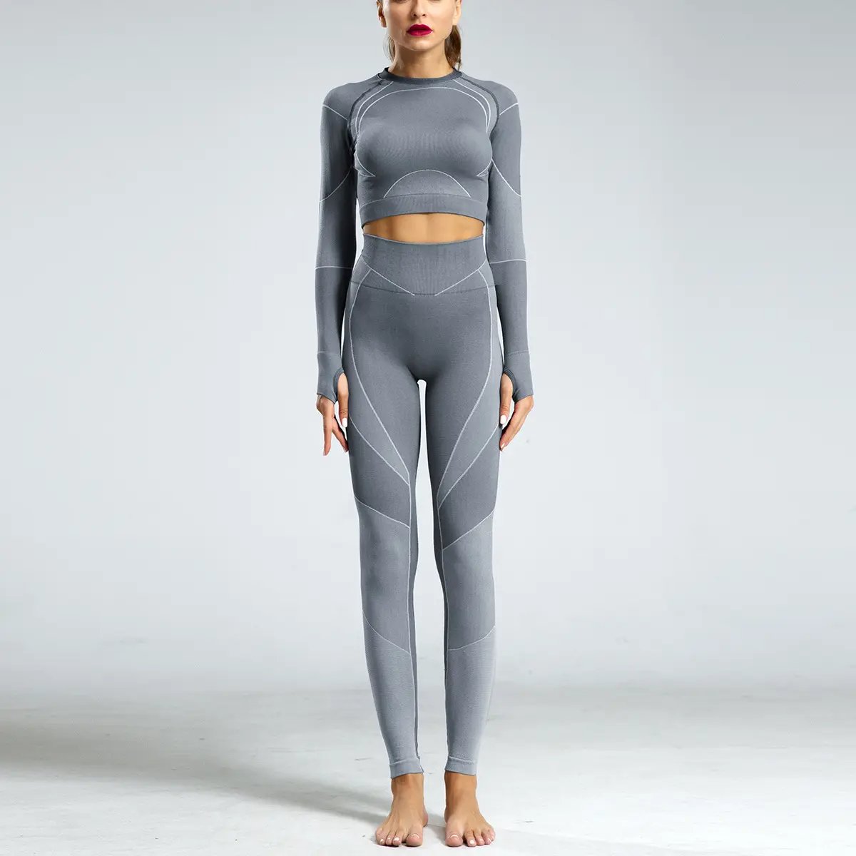 Women Seamless Sexy Yoga Sets Cut Out Back Long Sleeve Top High Waist Leggings Gym Training Fitness Suits Girls Contrast Suits