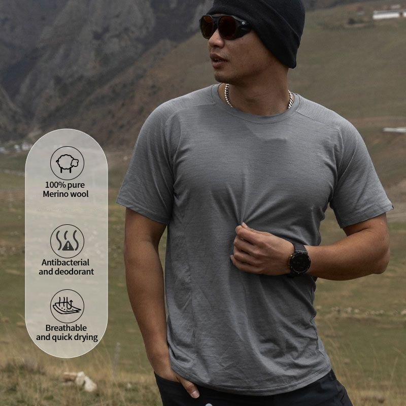 Summer Merino wool quick drying breathable round neck short sleeve merino wool mountain hiking short sleeve man