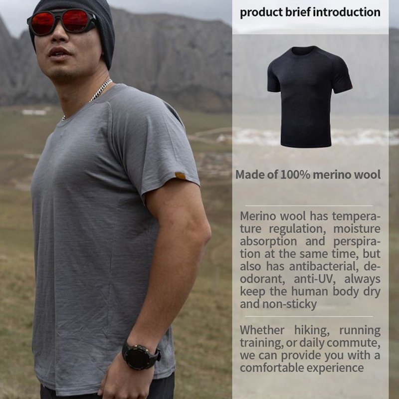 Summer Merino wool quick drying breathable round neck short sleeve merino wool mountain hiking short sleeve man