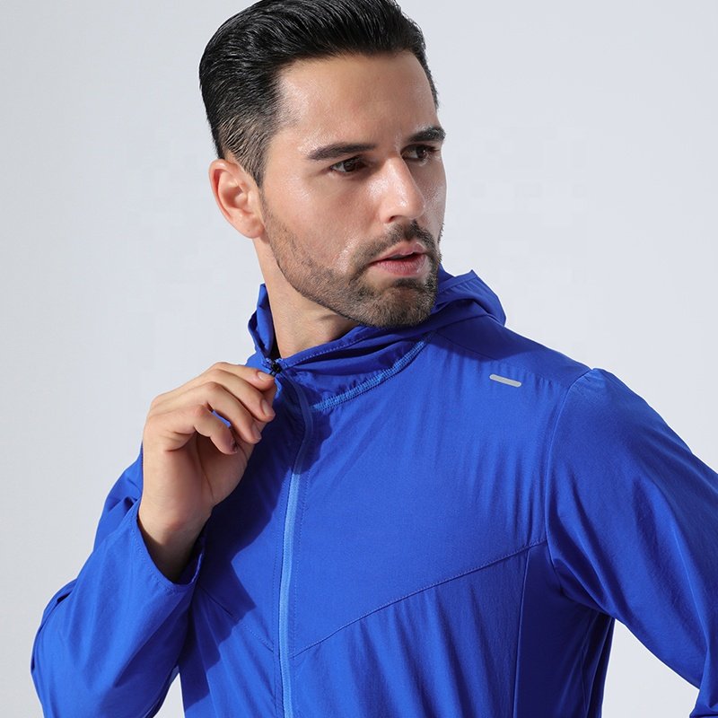 Custom Reflective Logo Men's Outdoor Hiking Sportswear Blue White Color Jacket With Hood