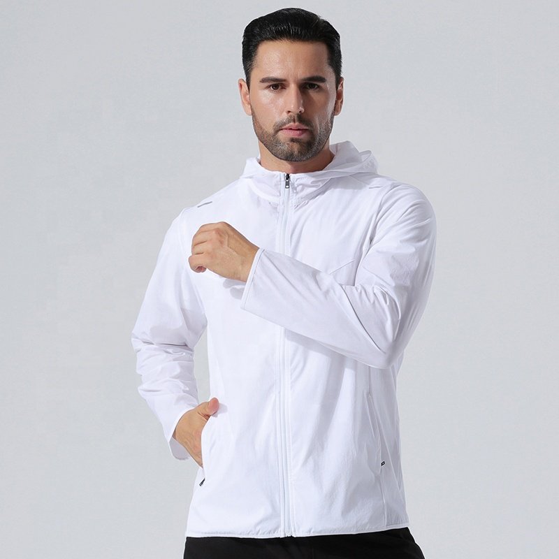 Custom Reflective Logo Men's Outdoor Hiking Sportswear Blue White Color Jacket With Hood