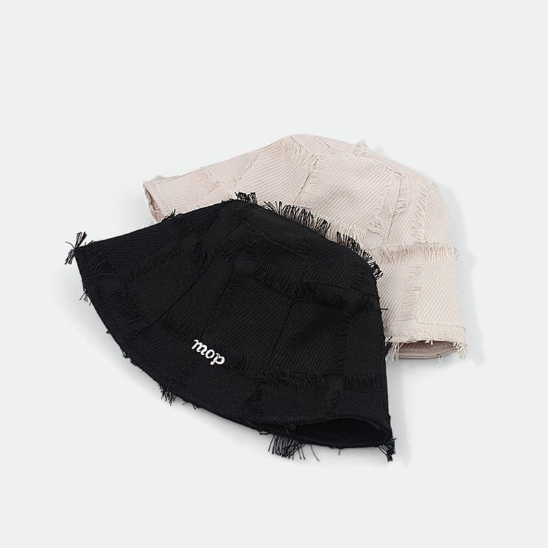 Wholesale Japanese Retro Letter Embroidery Black Bucket Hat Women Irregular Tassel Raw Edge Checkered Fisherman Hat