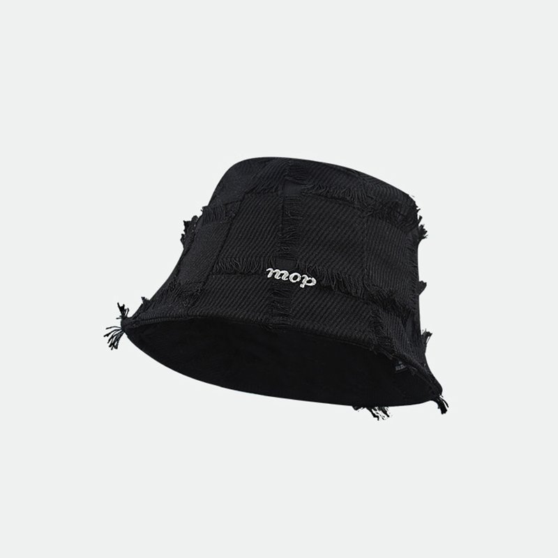 Wholesale Japanese Retro Letter Embroidery Black Bucket Hat Women Irregular Tassel Raw Edge Checkered Fisherman Hat