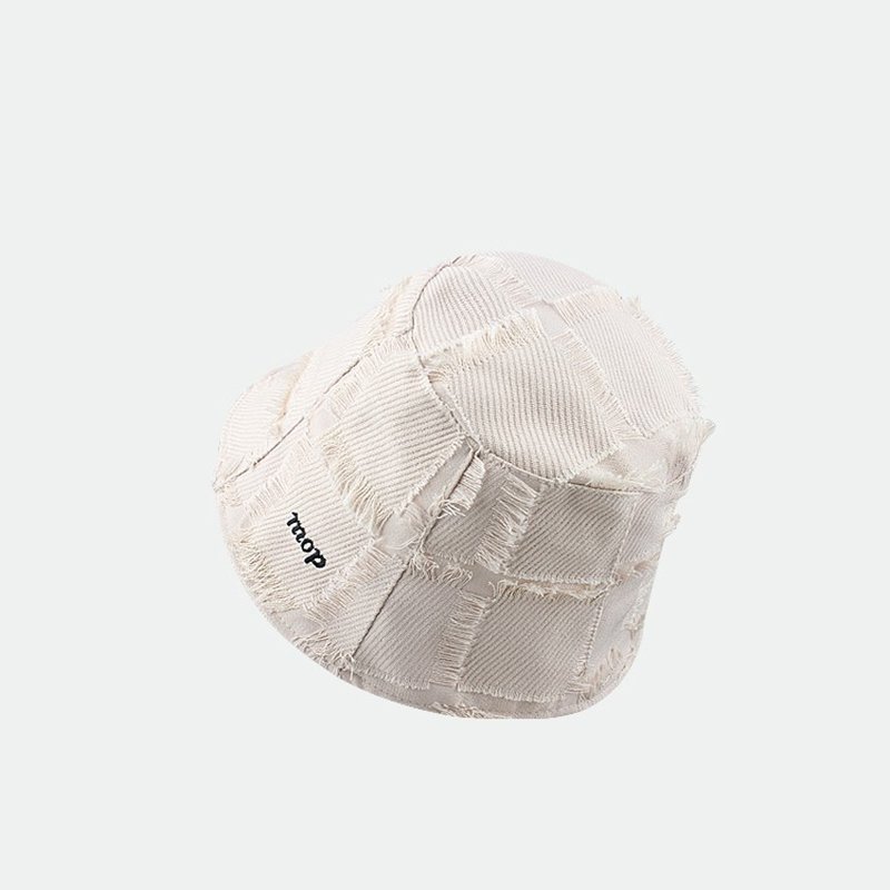 Wholesale Japanese Retro Letter Embroidery Black Bucket Hat Women Irregular Tassel Raw Edge Checkered Fisherman Hat