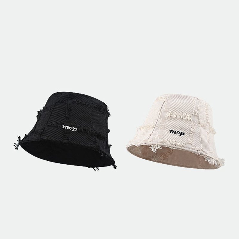 Wholesale Japanese Retro Letter Embroidery Black Bucket Hat Women Irregular Tassel Raw Edge Checkered Fisherman Hat