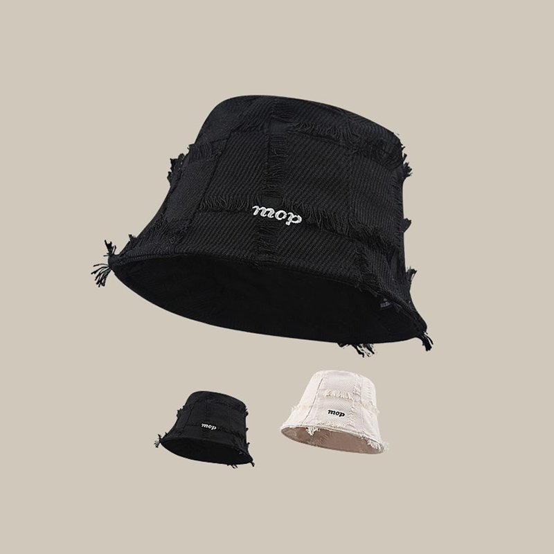 Wholesale Japanese Retro Letter Embroidery Black Bucket Hat Women Irregular Tassel Raw Edge Checkered Fisherman Hat