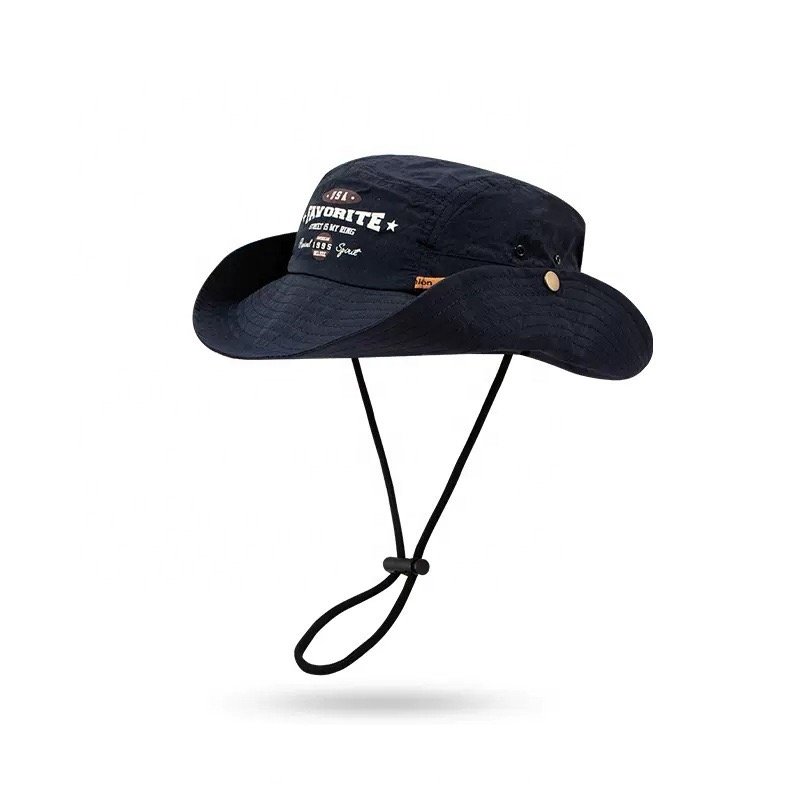 Factory 3D Embroidery Logo Caps Wide Brim Boonie Fishing Hat With Windproof Rope String Fisherman Hat With Custom Logo