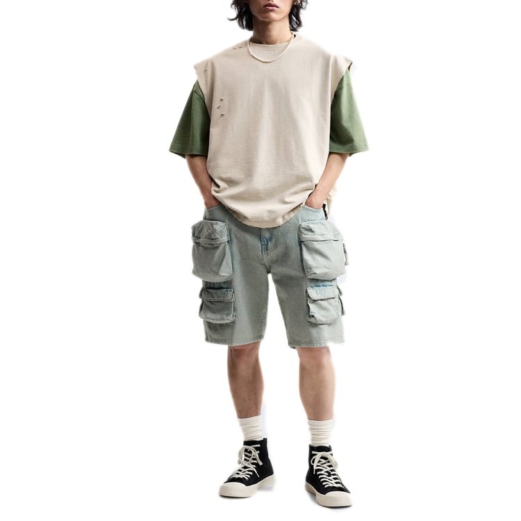 Custom Men Relaxed Fit Denim Cargo Shorts Washed Multiple Pocket Jean Short Hits Above The Knee Flat Front for Men Short