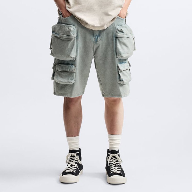 Custom Men Relaxed Fit Denim Cargo Shorts Washed Multiple Pocket Jean Short Hits Above The Knee Flat Front for Men Short