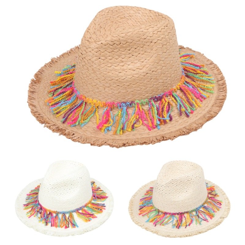 Summer Colored Tassel Straw Hat Female Outdoor Travel Seaside Holiday Beach Hat Sun Protection Broad-Brimmed Straw Hat