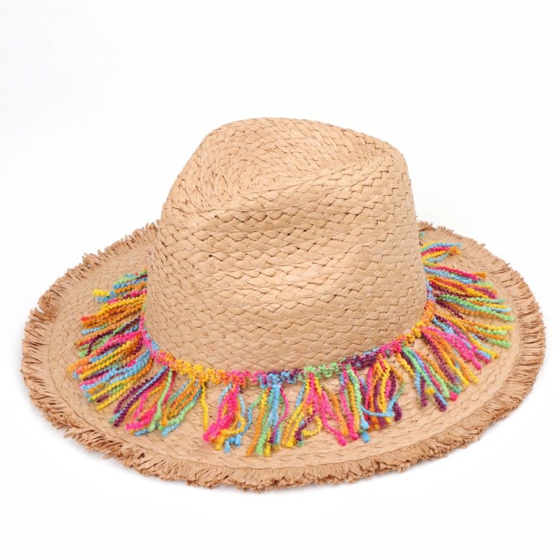 Summer Colored Tassel Straw Hat Female Outdoor Travel Seaside Holiday Beach Hat Sun Protection Broad-Brimmed Straw Hat