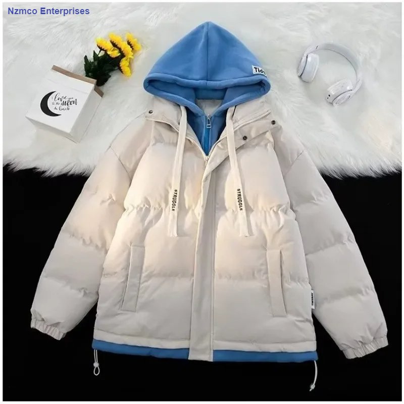 Winter New Style Padded Jacket Thickened Hooded Two-piece Illusion Puffer Jacket For Men Women Loose-fit Couple Student