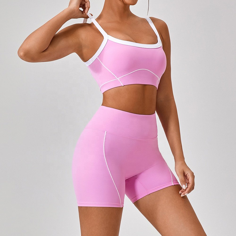 BAIME 4pcs Recyclable fabric comfortable yoga set hot pink workout yoga set yoga short set for women