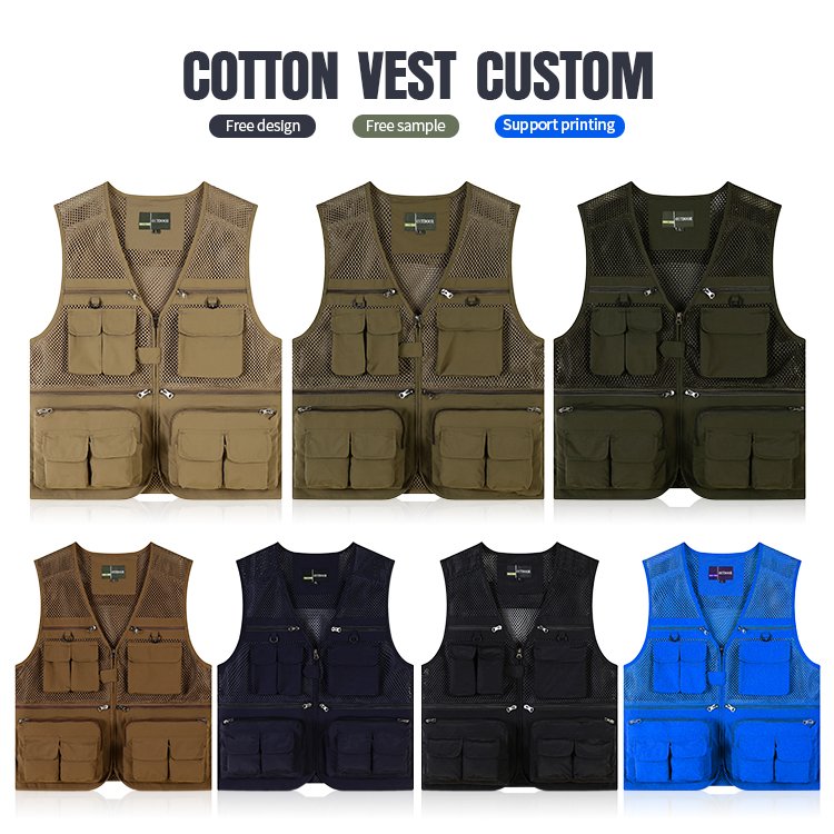 Customize Logo Summer Outdoor Work Vest Men 100% Cotton Cargo Zipper Multi Pocket Vest