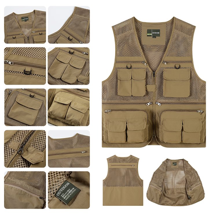 Customize Logo Summer Outdoor Work Vest Men 100% Cotton Cargo Zipper Multi Pocket Vest