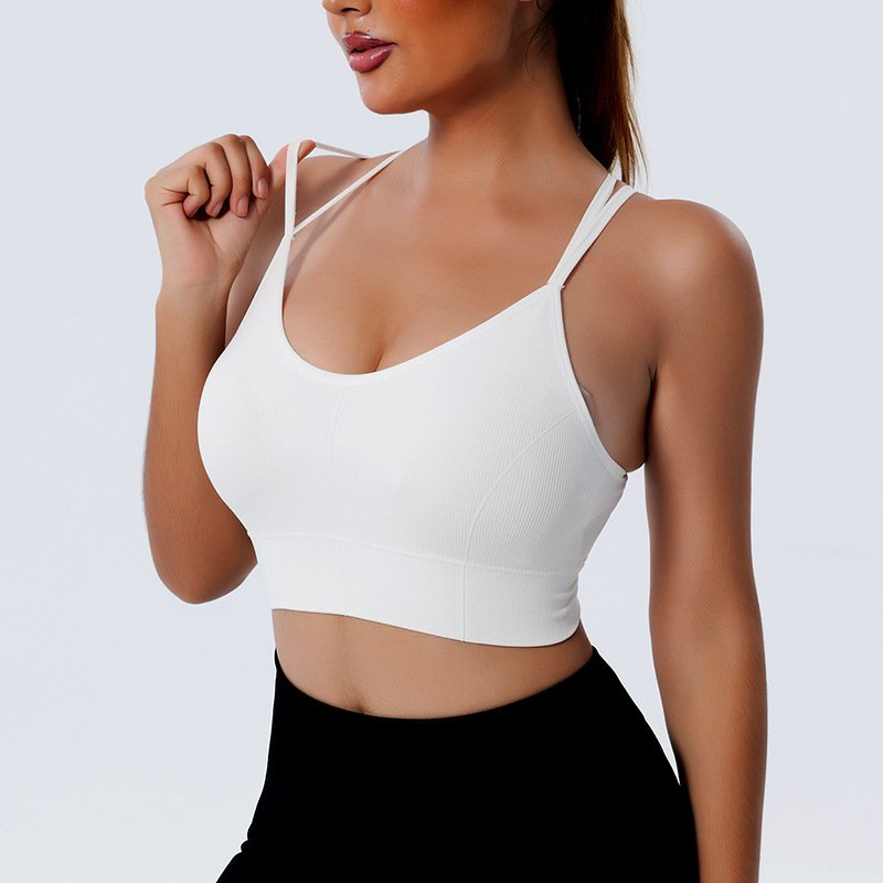 Women Ribbed Cross Back Yoga Vest Lady Spaghetti Strap Crop Gym Top Female Quick Dry Seamless Running Fitness Bra