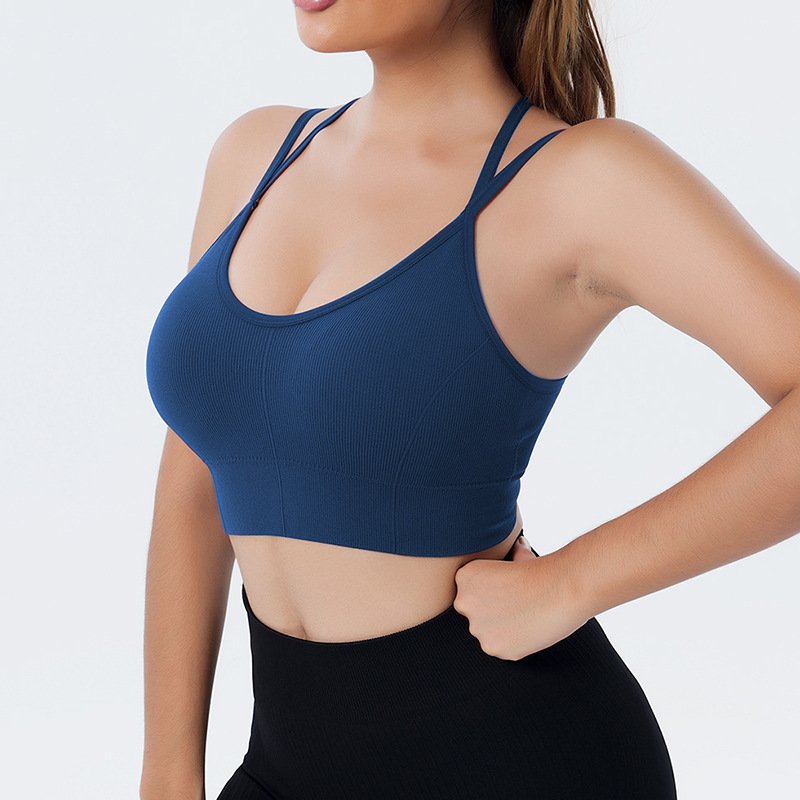 Women Ribbed Cross Back Yoga Vest Lady Spaghetti Strap Crop Gym Top Female Quick Dry Seamless Running Fitness Bra