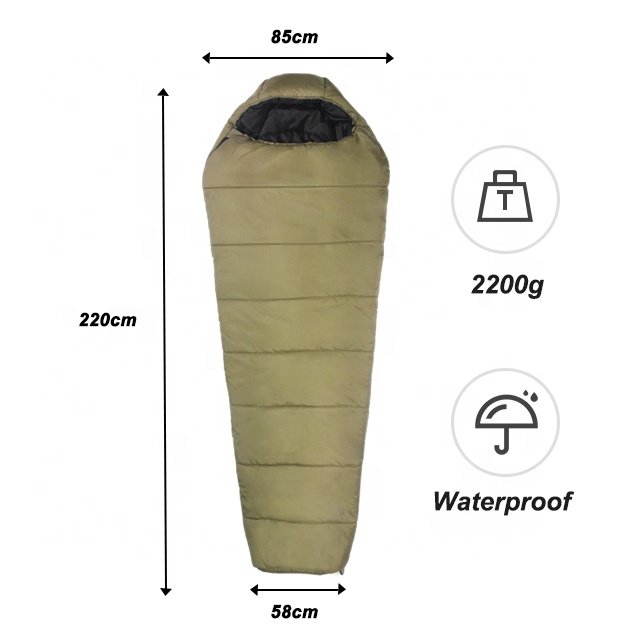 Hot Sale Single Outdoor Waterproof Winter Mummy Green Adults Comfortable Polyester Nylon Camping Hiking Travel Sleeping Bag Gear