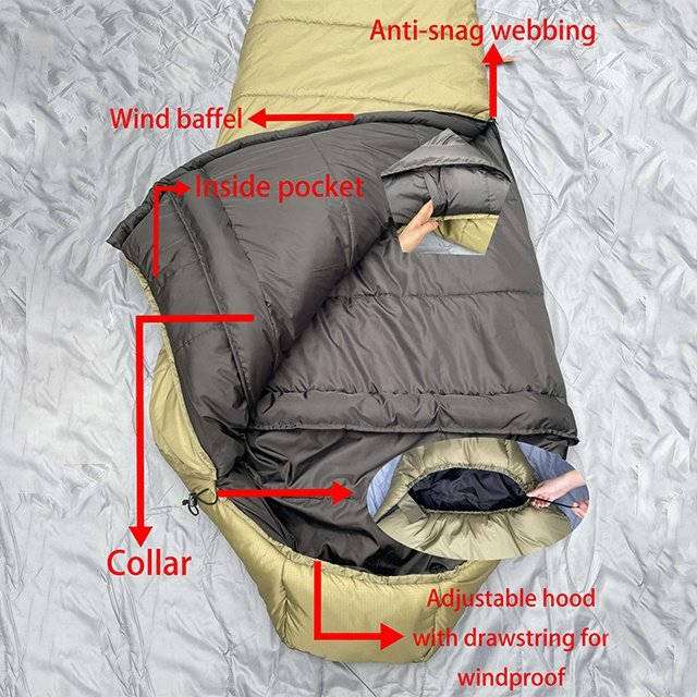 Hot Sale Single Outdoor Waterproof Winter Mummy Green Adults Comfortable Polyester Nylon Camping Hiking Travel Sleeping Bag Gear