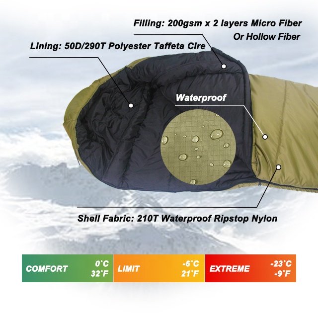 Hot Sale Single Outdoor Waterproof Winter Mummy Green Adults Comfortable Polyester Nylon Camping Hiking Travel Sleeping Bag Gear