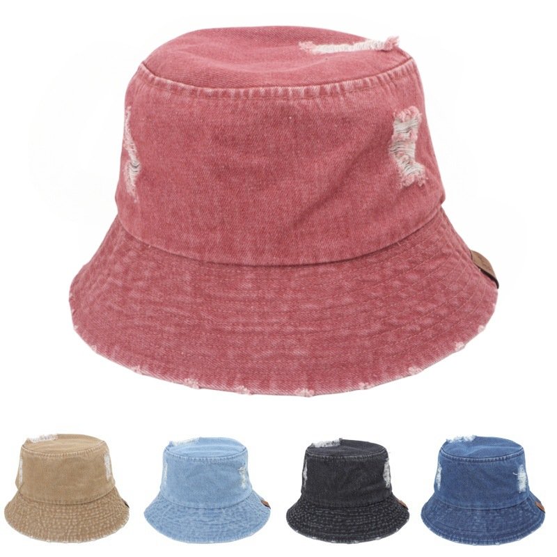 2024 new ripped washed leather label cowboy fisherman hat women's retro fashion wear broken pot hat sun block hat tide