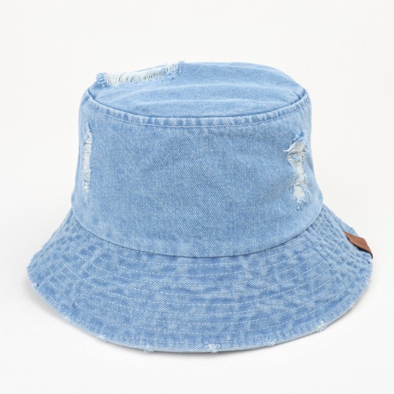 2024 new ripped washed leather label cowboy fisherman hat women's retro fashion wear broken pot hat sun block hat tide