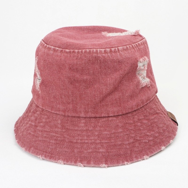 2024 new ripped washed leather label cowboy fisherman hat women's retro fashion wear broken pot hat sun block hat tide