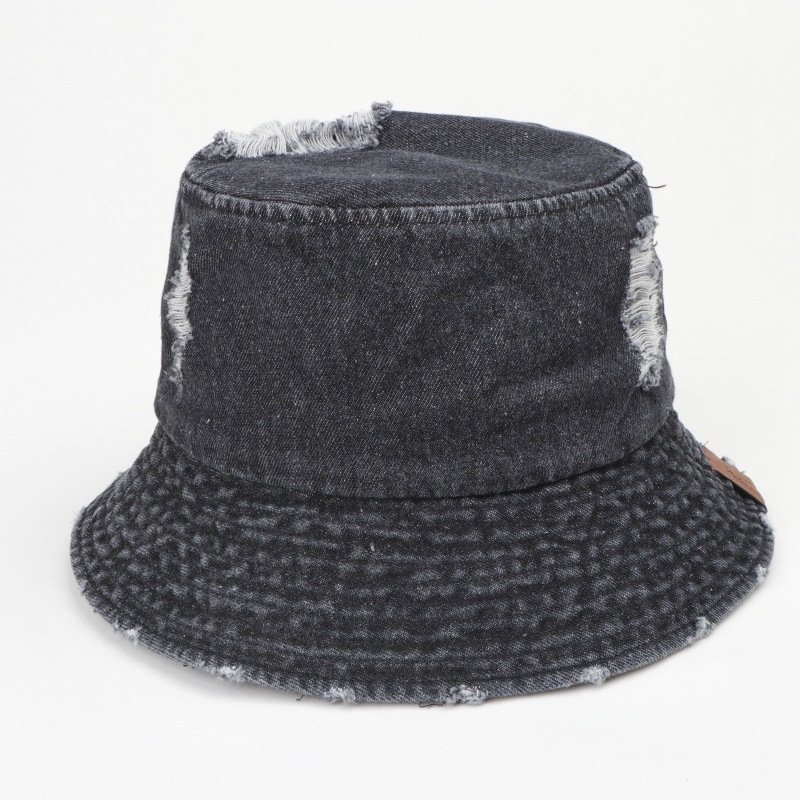 2024 new ripped washed leather label cowboy fisherman hat women's retro fashion wear broken pot hat sun block hat tide